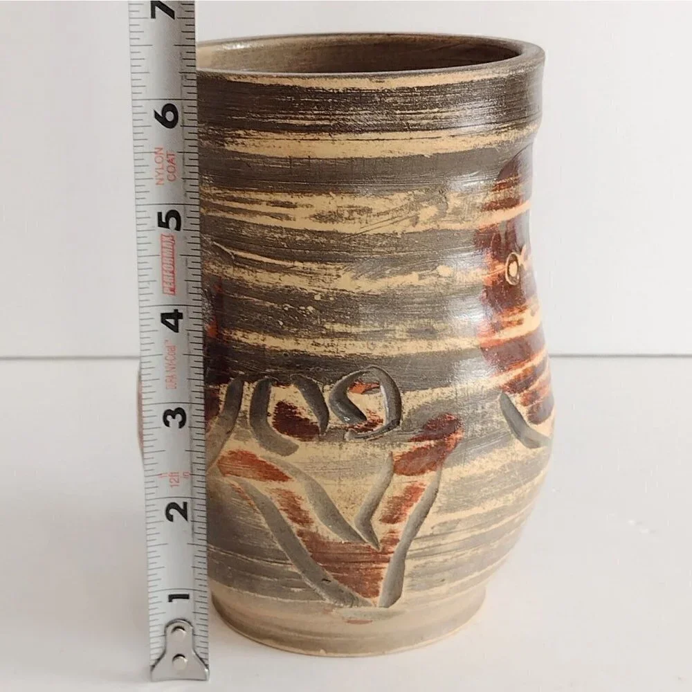Vintage Signed Studio Art Pottery Vase Hand Painted Ram Goat? Abstract Art Brown
